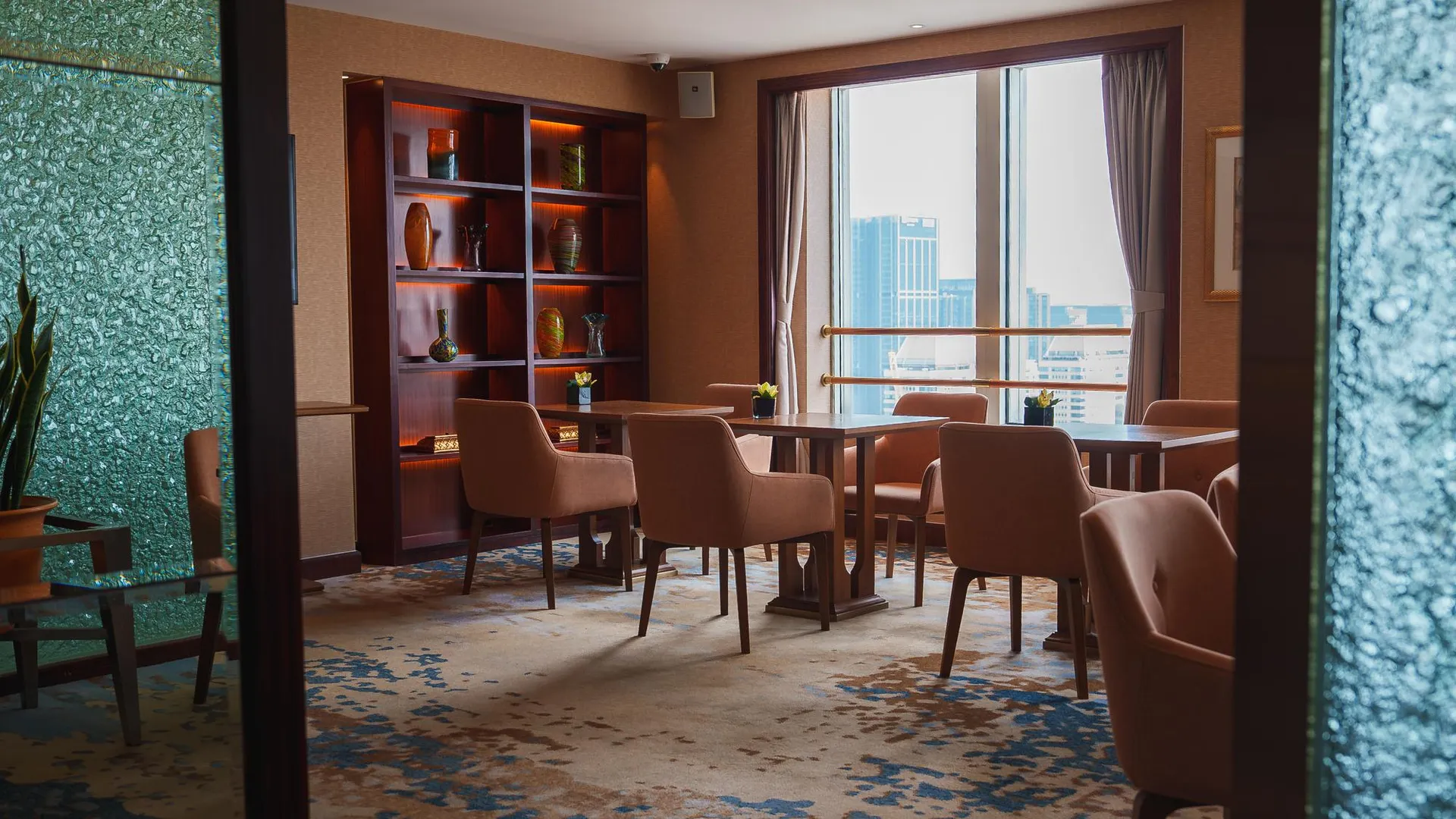 Luxury lounge with city skyline view