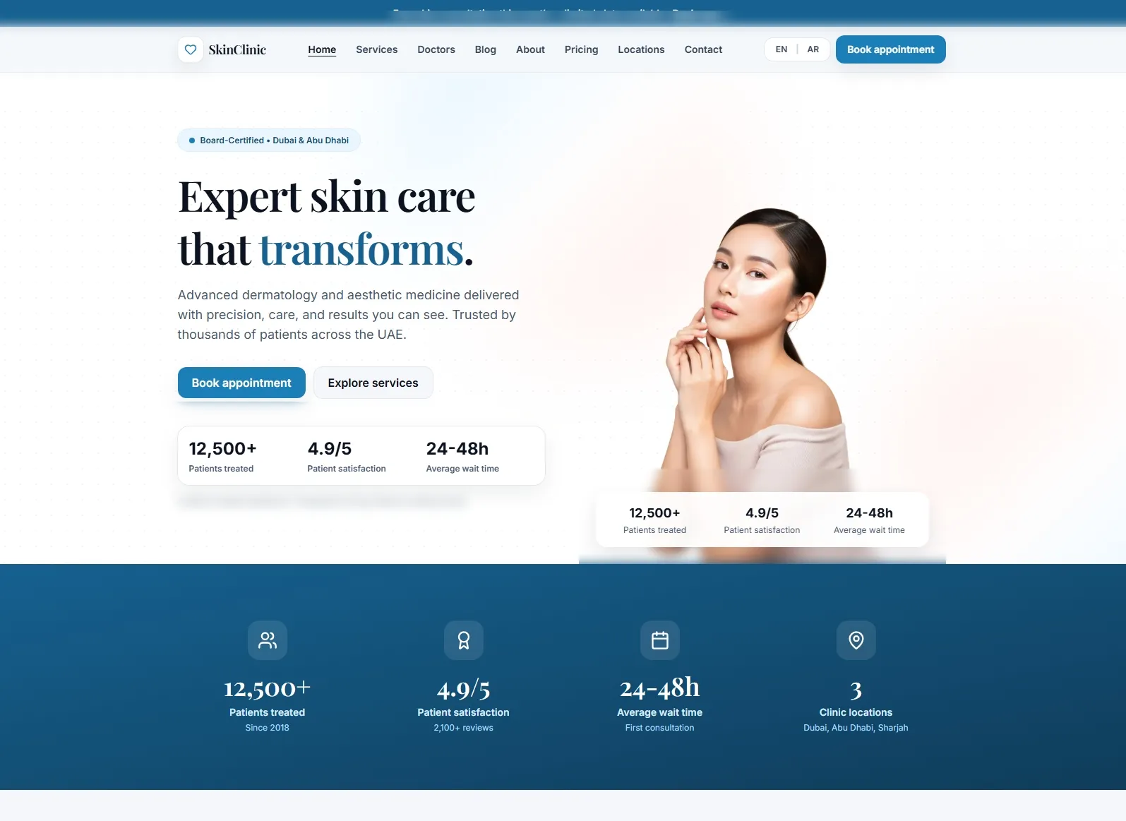 The SkinClinic website we designed and built, shown on desktop